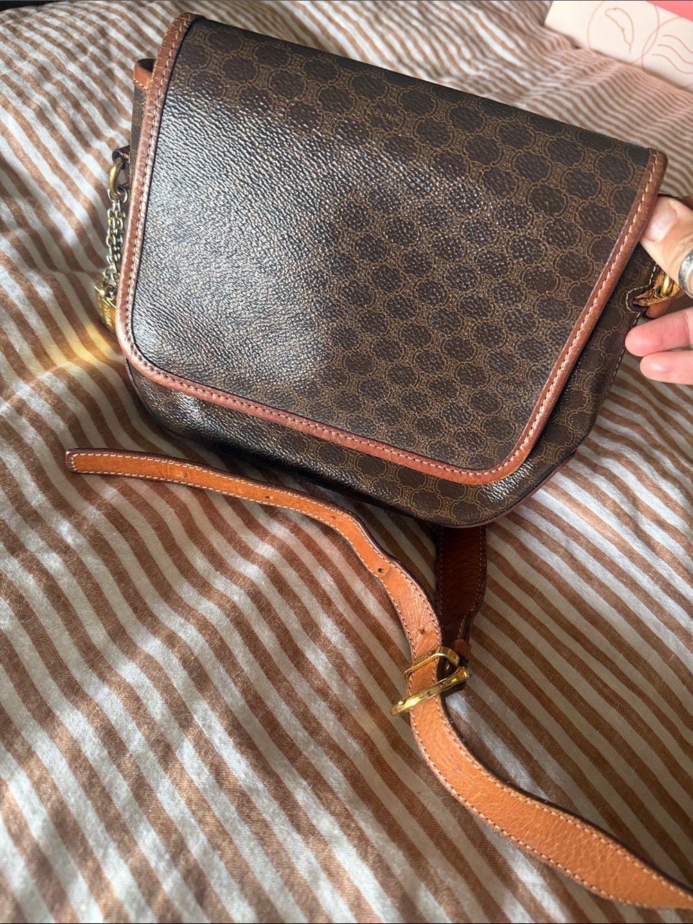 💯Celine Folco vintage Brown Monogram Messenger Bag with Tan Leather Trim